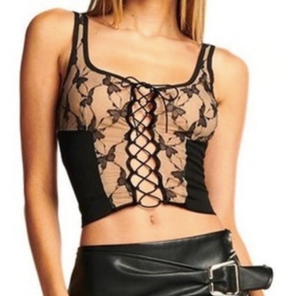 Black Butterfly Lace Up Crop Top‎ Tan Lined Gothic Tank